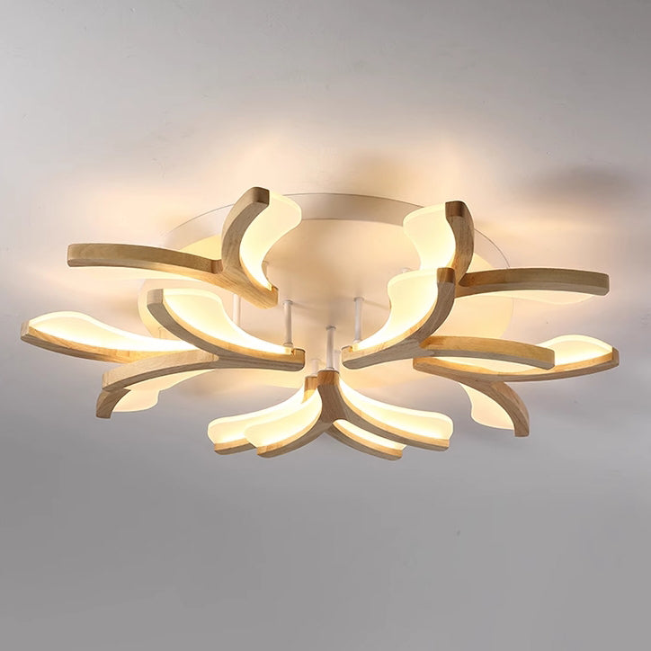 Contemporary Scandinavian Branch Flower Wood Iron Acrylic LED Semi-Flush Mount Ceiling Light For Living Room Cuvalon