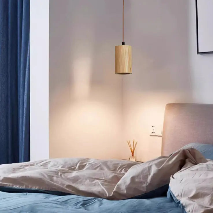 Simple Wooden Cylindrical 1-Light Small Pendant Light Cuvalon