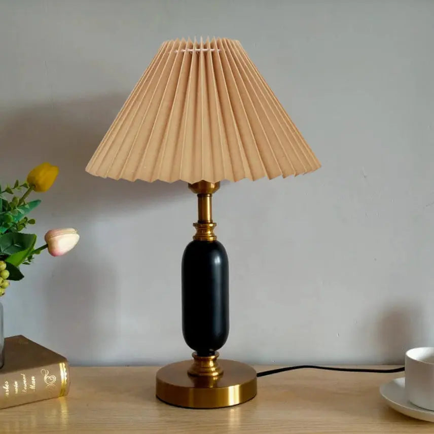 Retro Pleated Shade Column Base 1-Light Table Lamp Cuvalon