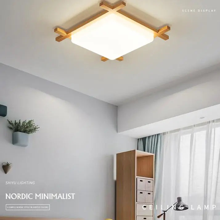 Traditional Japanese Wood Acrylic Square Tatami LED Flush Mount Ceiling Light For Bedroom Cuvalon