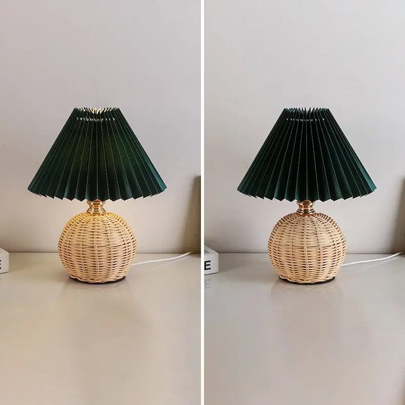 Contemporary Nordic Rattan Fabric Pleated Conic Ball LED Table Lamp For Bedroom Cuvalon