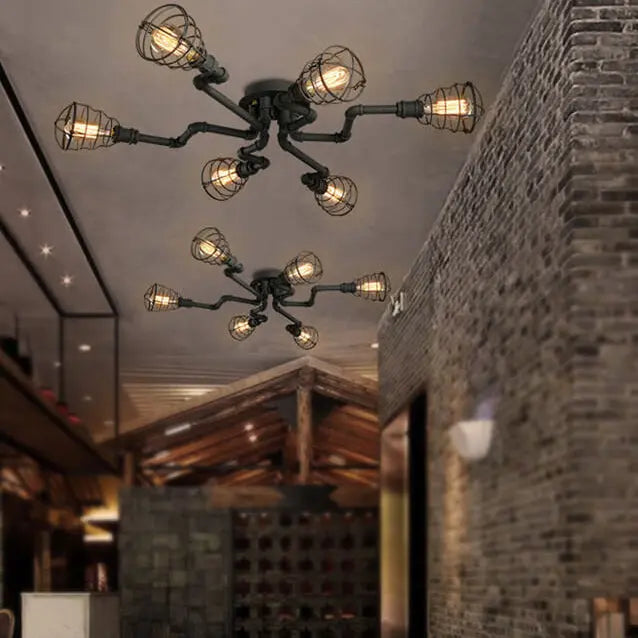 Industrial Vintage Water Pipe Round Iron 4/6/8 Light Flush Mount Ceiling Light Cuvalon