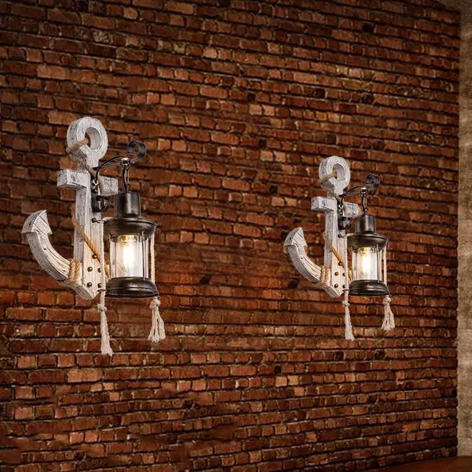 Industrial Vintage Boat Anchor Solid Wooden 1-Light Wall Sconce Lamp Cuvalon