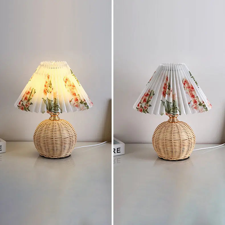 Contemporary Nordic Rattan Fabric Pleated Conic Ball LED Table Lamp For Bedroom Cuvalon