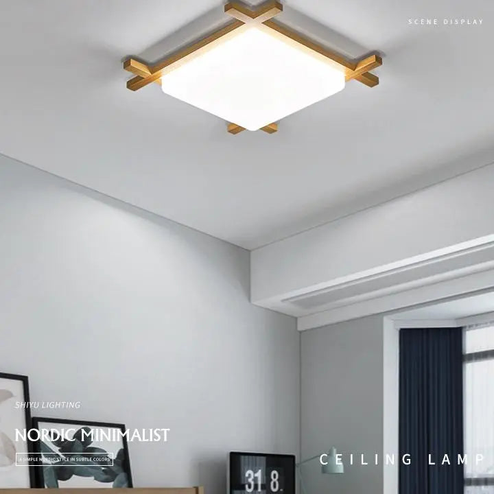 Traditional Japanese Wood Acrylic Square Tatami LED Flush Mount Ceiling Light For Bedroom Cuvalon
