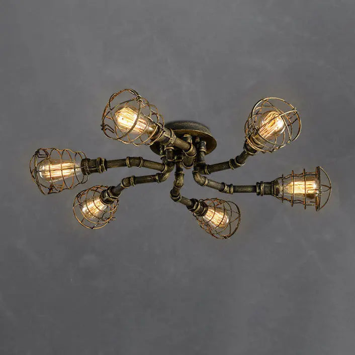 Industrial Vintage Water Pipe Round Iron 4/6/8 Light Flush Mount Ceiling Light Cuvalon