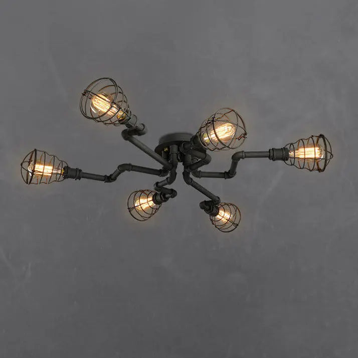 Industrial Vintage Water Pipe Round Iron 4/6/8 Light Flush Mount Ceiling Light Cuvalon