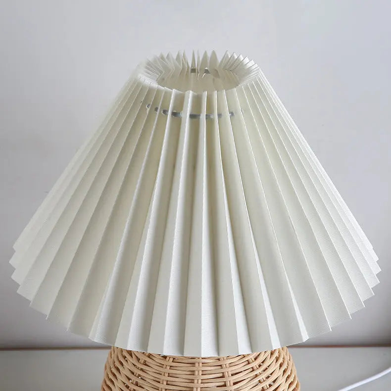 Contemporary Nordic Rattan Fabric Pleated Conic Ball LED Table Lamp For Bedroom Cuvalon