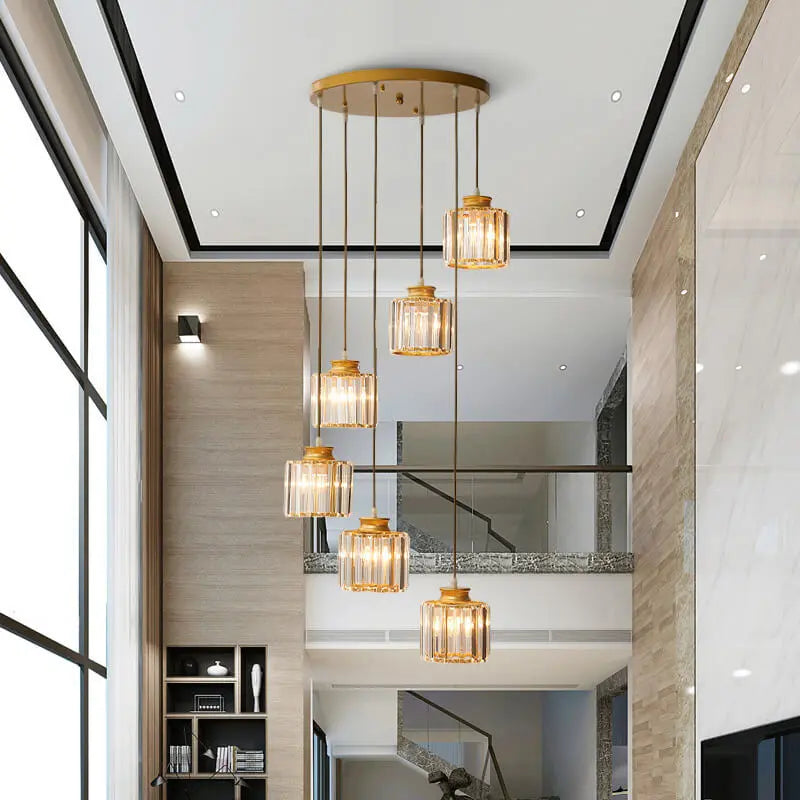 Modern Prismatic Crystal Cylindrical 6-Light Stairway Chandeliers Cuvalon