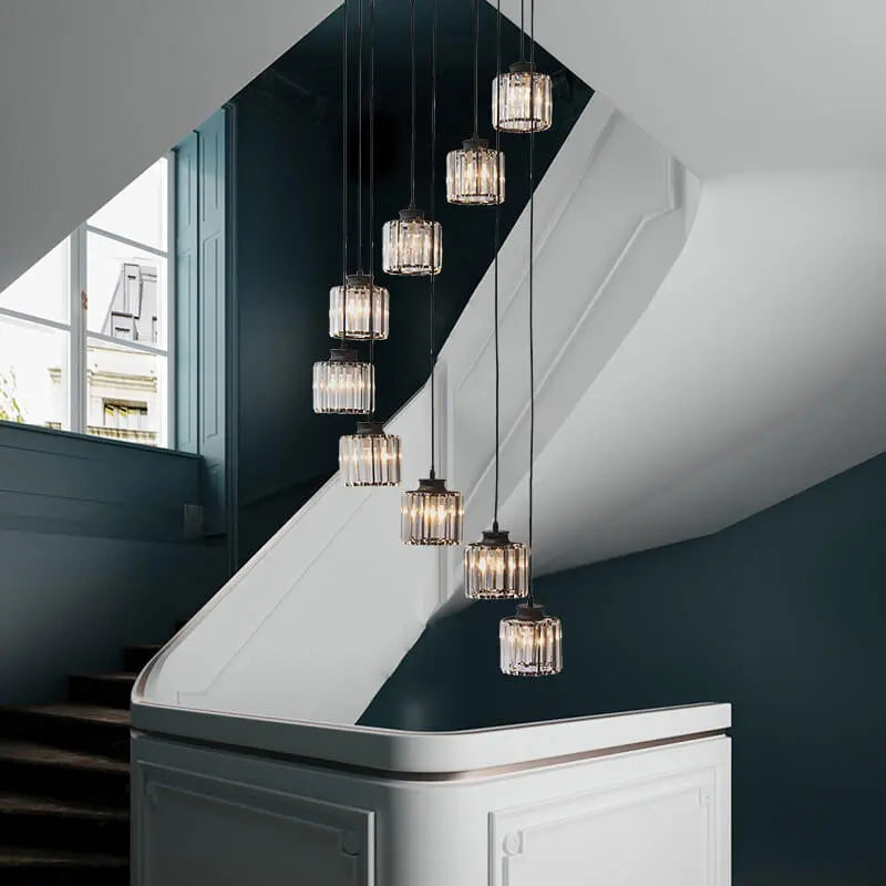 Modern Prismatic Crystal Cylindrical 6-Light Stairway Chandeliers Cuvalon