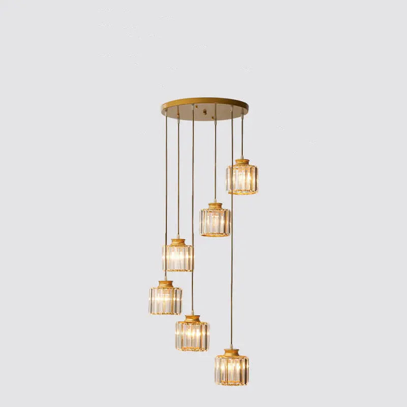 Modern Prismatic Crystal Cylindrical 6-Light Stairway Chandeliers Cuvalon