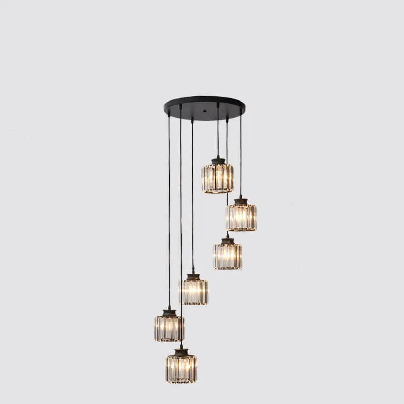 Modern Prismatic Crystal Cylindrical 6-Light Stairway Chandeliers Cuvalon