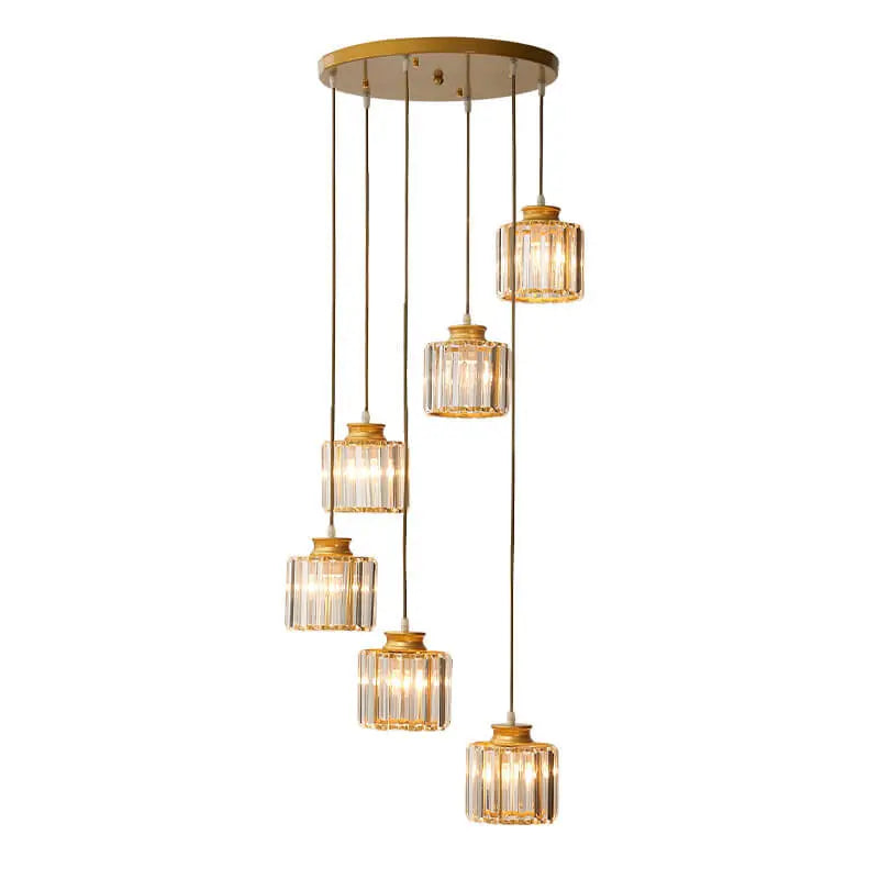 Modern Prismatic Crystal Cylindrical 6-Light Stairway Chandeliers Cuvalon