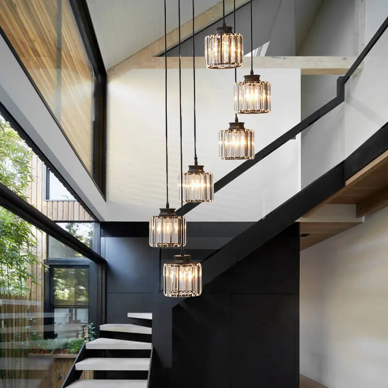 Modern Prismatic Crystal Cylindrical 6-Light Stairway Chandeliers Cuvalon