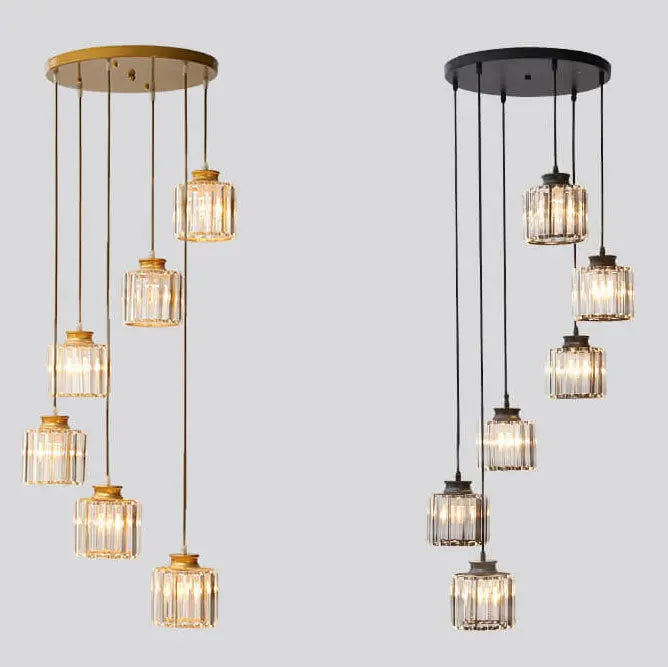 Modern Prismatic Crystal Cylindrical 6-Light Stairway Chandeliers Cuvalon