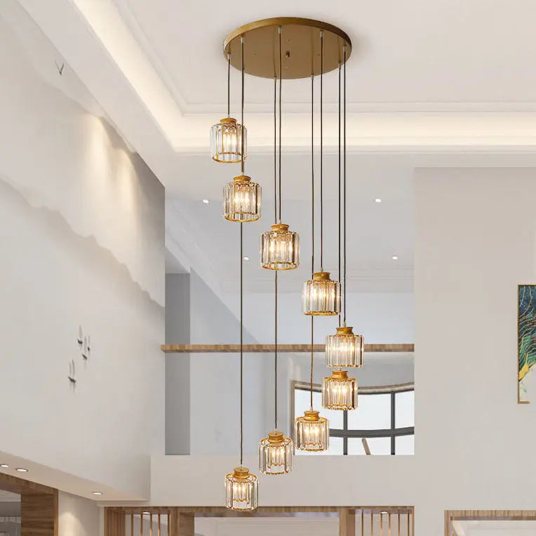 Modern Prismatic Crystal Cylindrical 6-Light Stairway Chandeliers Cuvalon