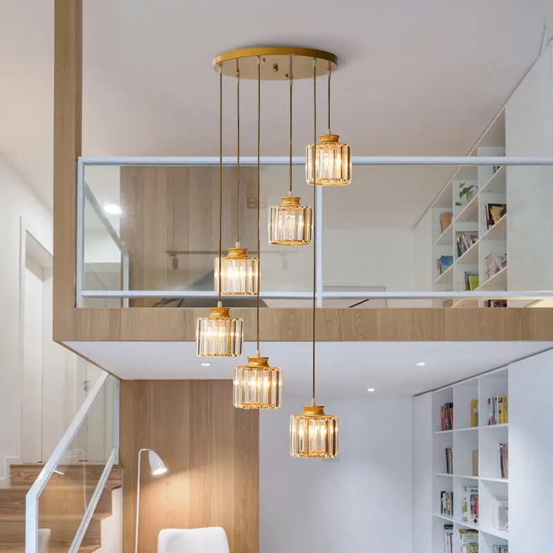 Modern Prismatic Crystal Cylindrical 6-Light Stairway Chandeliers Cuvalon