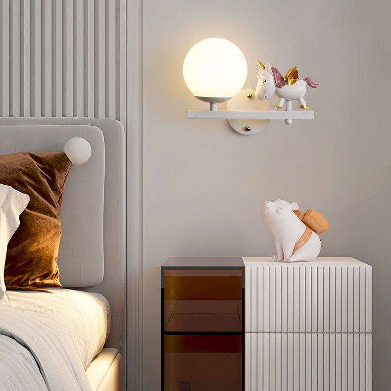 Contemporary Creative Kids Girls Unicorn Orb Resin Iron Glass 1-Light Wall Sconce Lamp For Bedroom Cuvalon