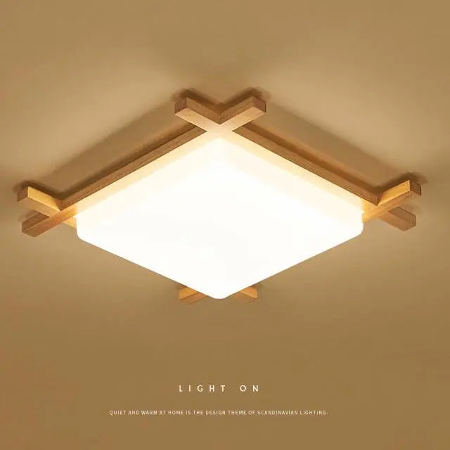Traditional Japanese Wood Acrylic Square Tatami LED Flush Mount Ceiling Light For Bedroom Cuvalon
