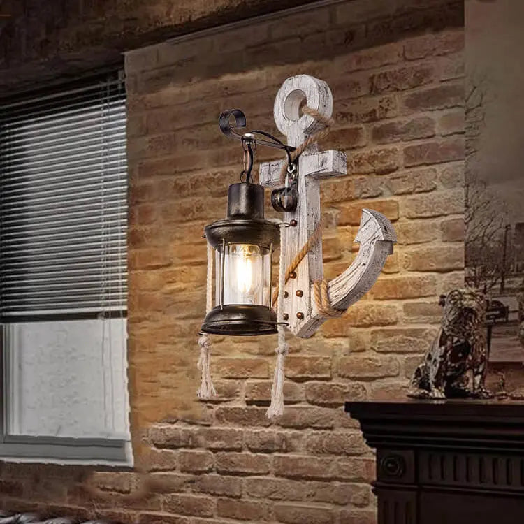 Industrial Vintage Boat Anchor Solid Wooden 1-Light Wall Sconce Lamp Cuvalon