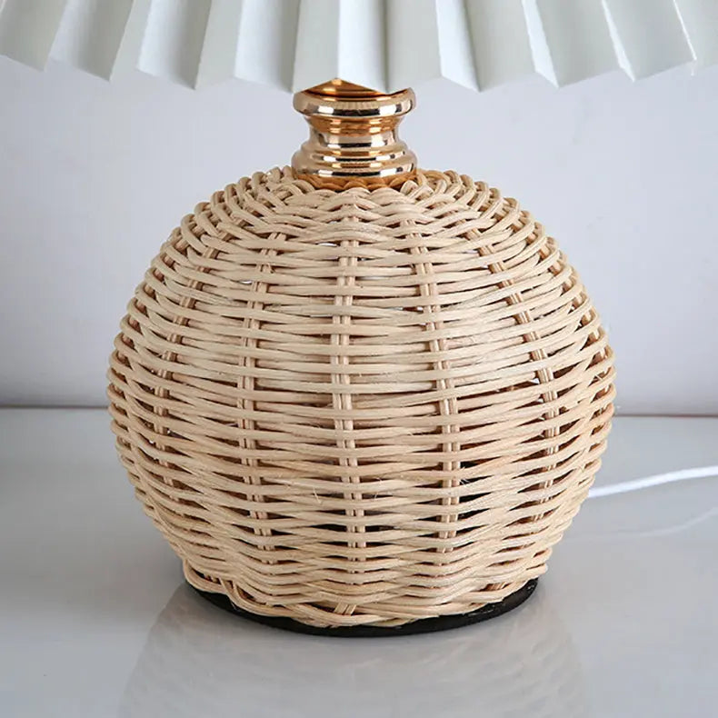 Contemporary Nordic Rattan Fabric Pleated Conic Ball LED Table Lamp For Bedroom Cuvalon
