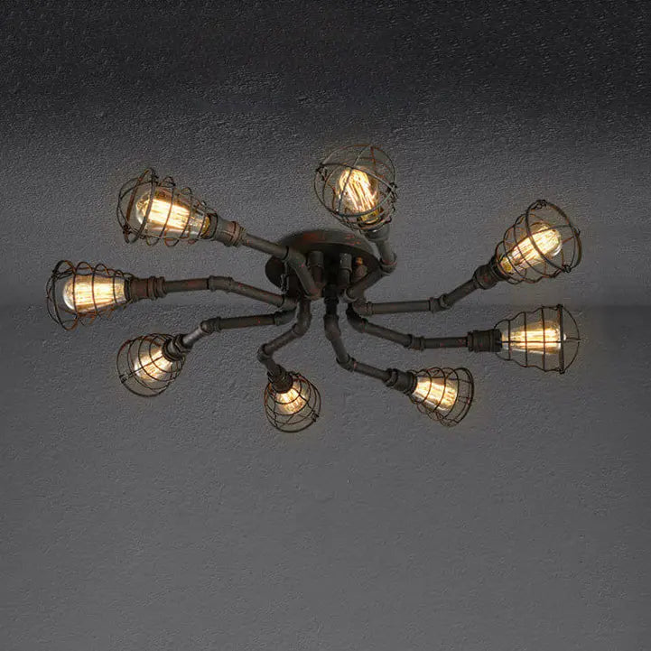 Industrial Vintage Water Pipe Round Iron 4/6/8 Light Flush Mount Ceiling Light Cuvalon