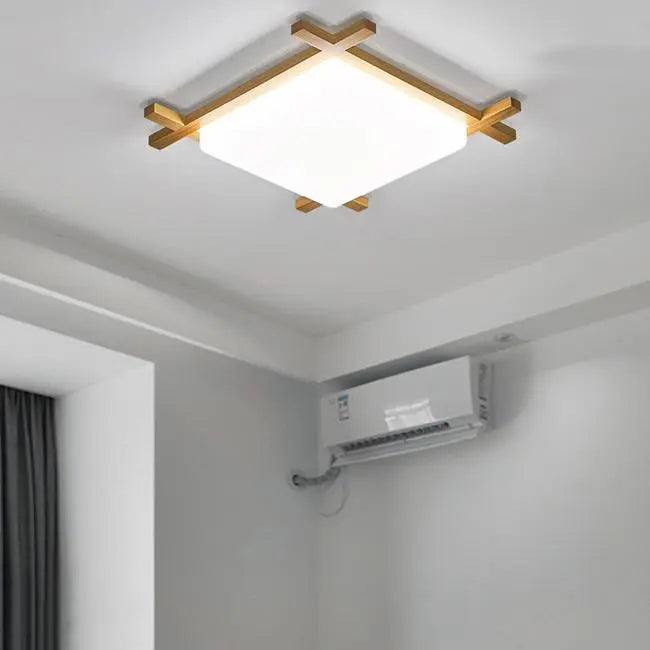 Traditional Japanese Wood Acrylic Square Tatami LED Flush Mount Ceiling Light For Bedroom Cuvalon