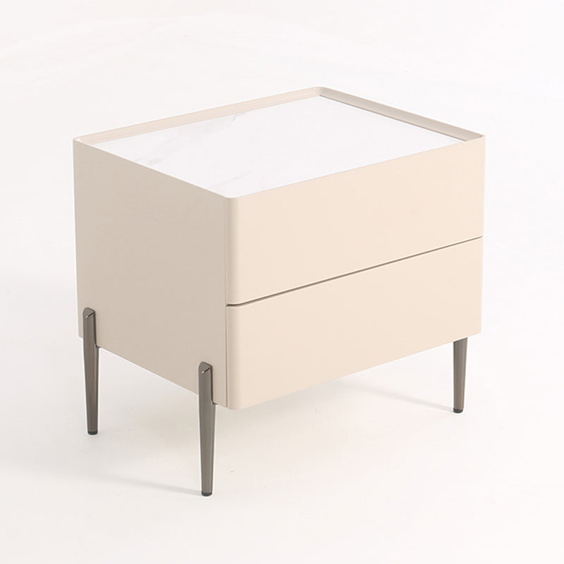 Contemporary Scandinavian Square Cream White 2-Drawer Storage Nightstand - Stone Slab Top Bedside Table For Bedroom Cuvalon