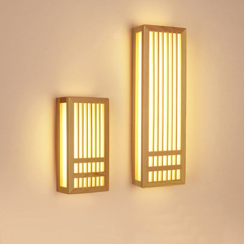Simple Solid Wood Rectangular 1-Light Japanese Wall Sconce Lamp Cuvalon