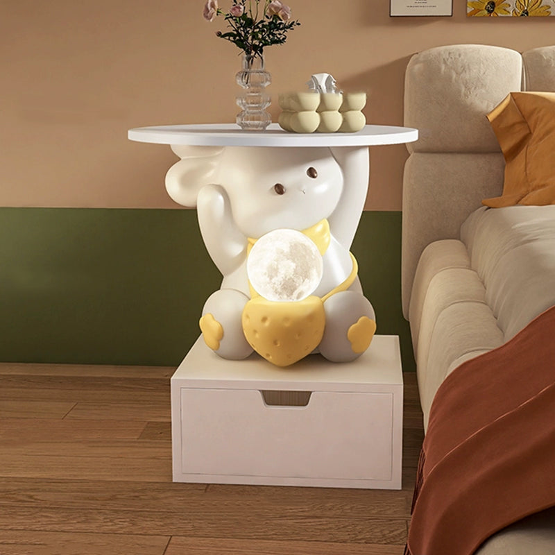 Modern Art Deco Kids Rabbit Round Plate Rectangular Drawer Resin Wood Enamel End Table 1-Drawer With LED Light For Bedroom Cuvalon