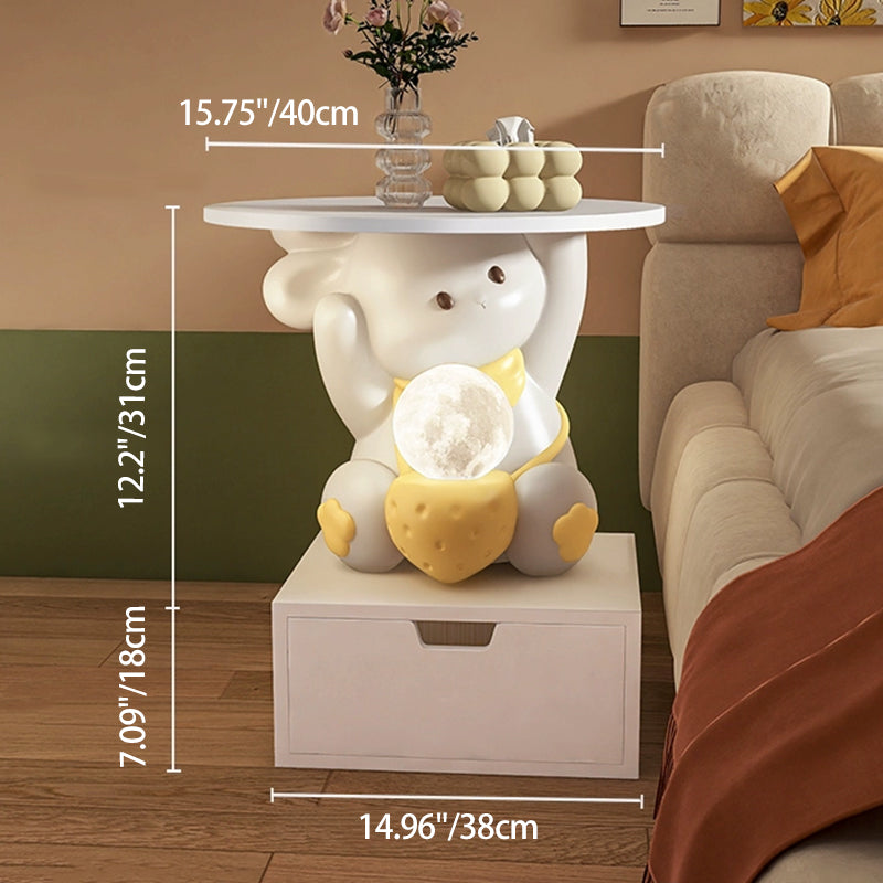 Modern Art Deco Kids Rabbit Round Plate Rectangular Drawer Resin Wood Enamel End Table 1-Drawer With LED Light For Bedroom Cuvalon