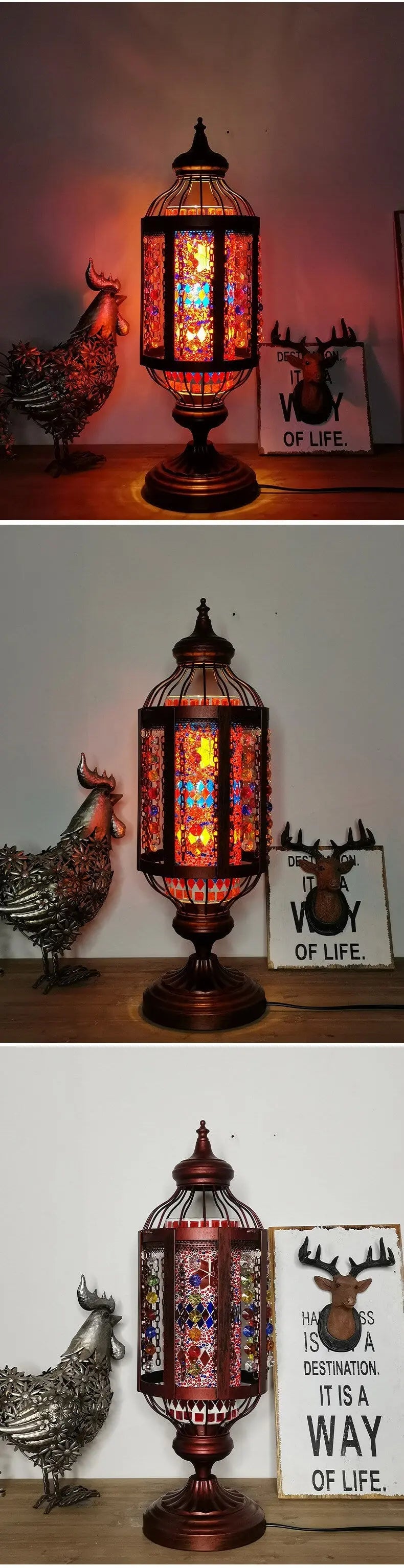 Vintage Turkish Stained Glass Lantern 1-Light Table Lamp Cuvalon