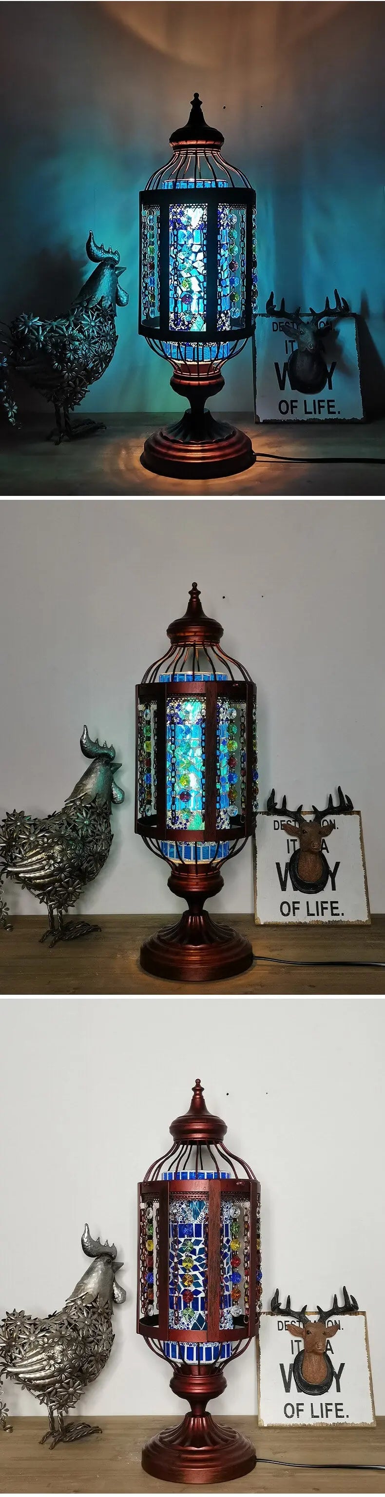 Vintage Turkish Stained Glass Lantern 1-Light Table Lamp Cuvalon