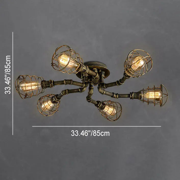 Industrial Vintage Water Pipe Round Iron 4/6/8 Light Flush Mount Ceiling Light Cuvalon