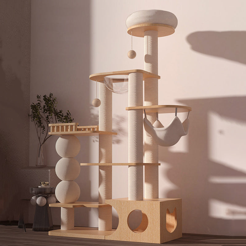 Contemporary Scandinavian Rectangular Rubberwood Plywood Pine Wood Pillar Velvet Fabric Hemp Rope Acrylic Cat Tree 3-Condo 5-Perch For Bedroom Cuvalon
