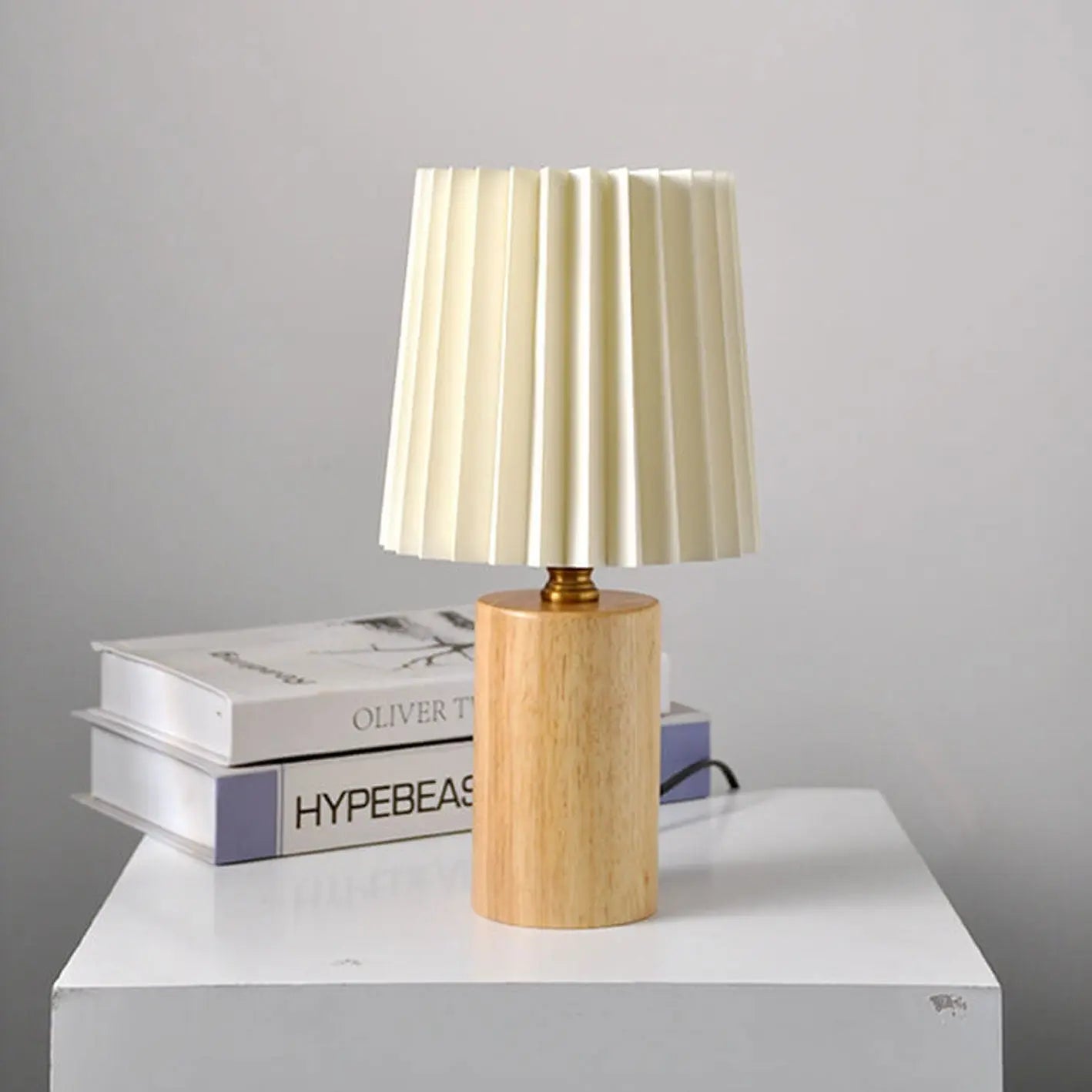 Vintage Korean Pleated Column Solid Wood Base 1-Light Table Lamp Cuvalon