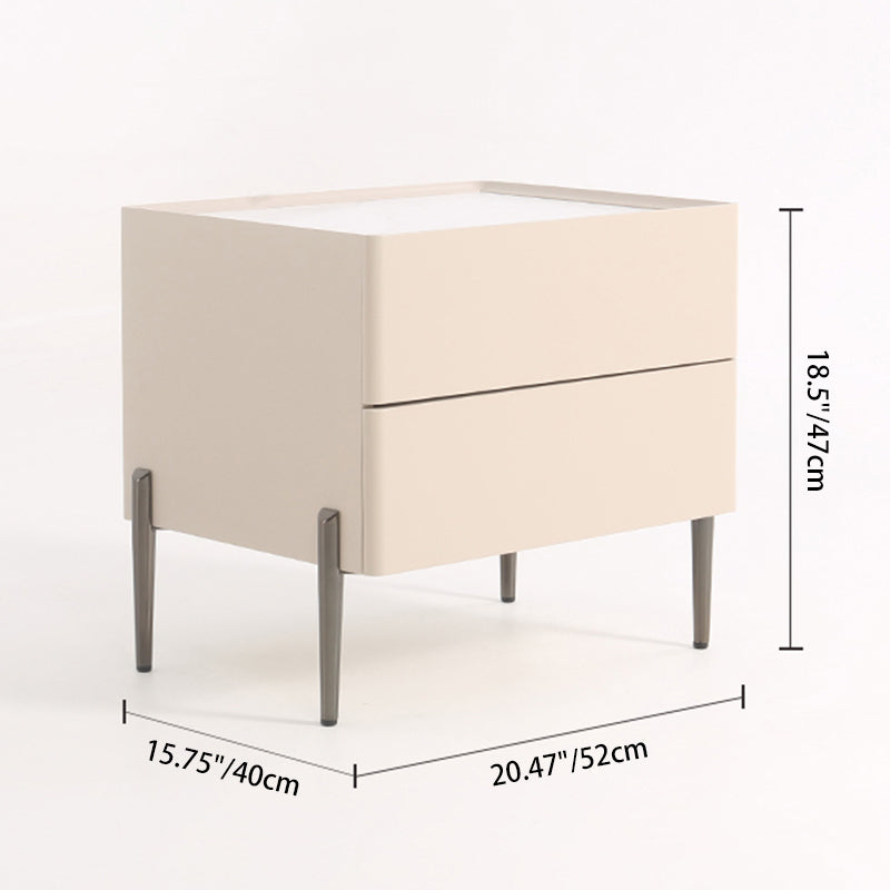 Contemporary Scandinavian Square Cream White 2-Drawer Storage Nightstand - Stone Slab Top Bedside Table For Bedroom Cuvalon
