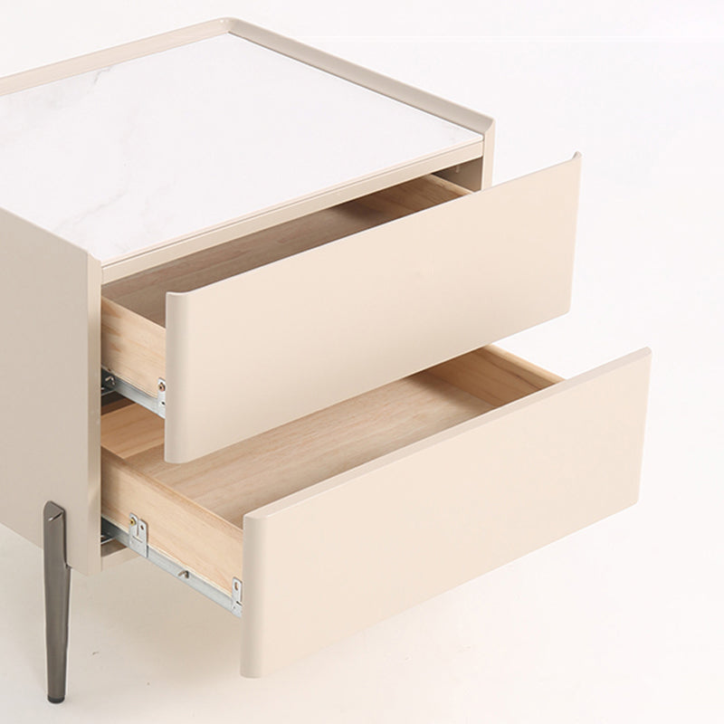 Contemporary Scandinavian Square Cream White 2-Drawer Storage Nightstand - Stone Slab Top Bedside Table For Bedroom Cuvalon