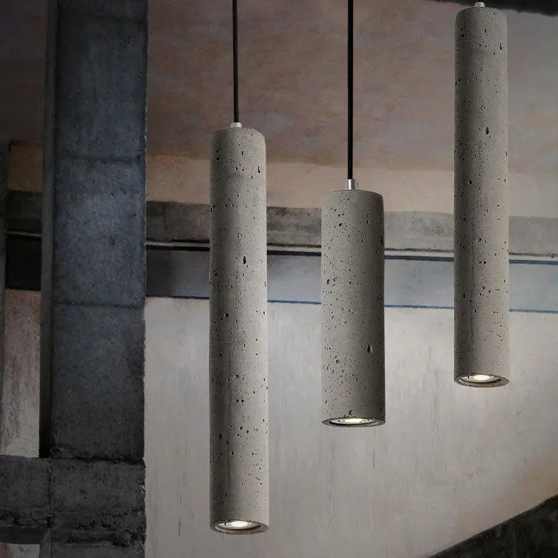 Contemporary Industrial Cylindrical Rough Texture Cement 1-Light Pendant Light For Living Room Cuvalon