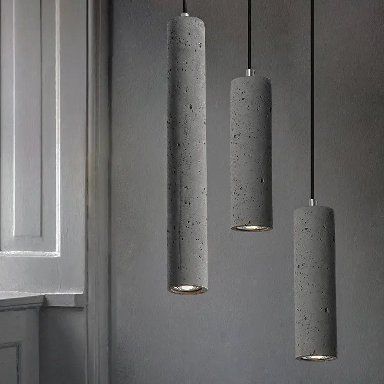 Contemporary Industrial Cylindrical Rough Texture Cement 1-Light Pendant Light For Living Room Cuvalon