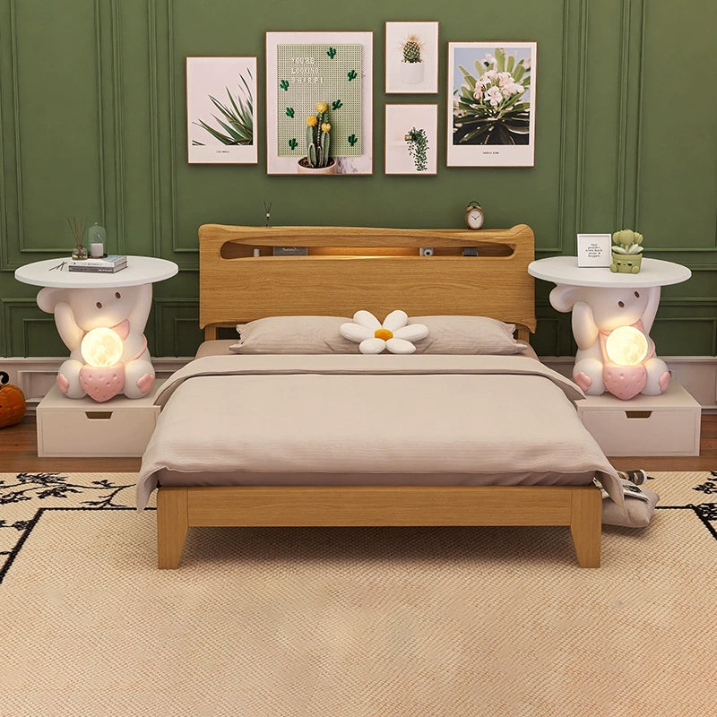 Modern Art Deco Kids Rabbit Round Plate Rectangular Drawer Resin Wood Enamel End Table 1-Drawer With LED Light For Bedroom Cuvalon