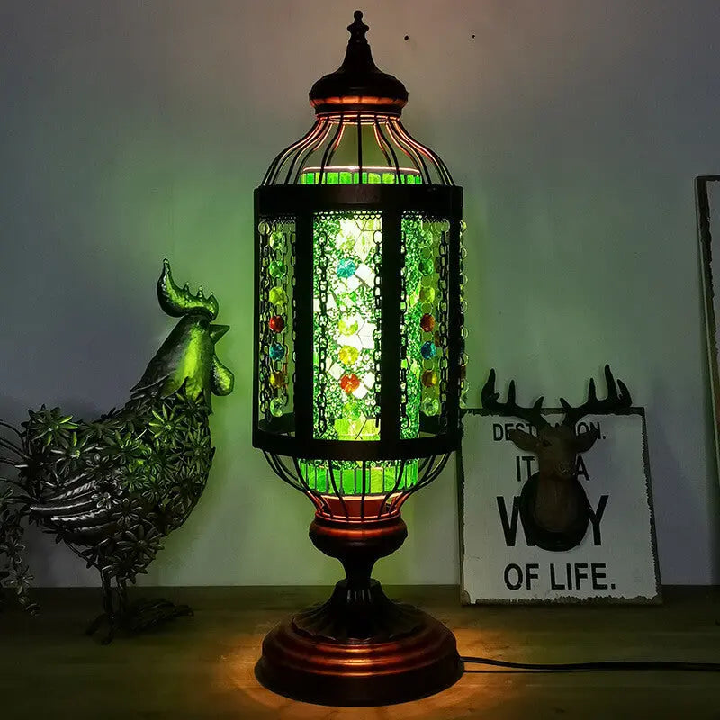 Vintage Turkish Stained Glass Lantern 1-Light Table Lamp Cuvalon