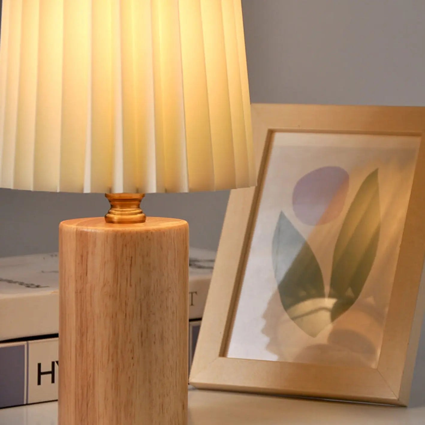 Vintage Korean Pleated Column Solid Wood Base 1-Light Table Lamp Cuvalon