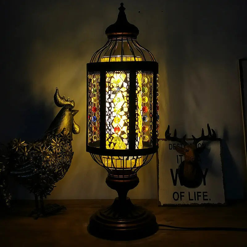 Vintage Turkish Stained Glass Lantern 1-Light Table Lamp Cuvalon