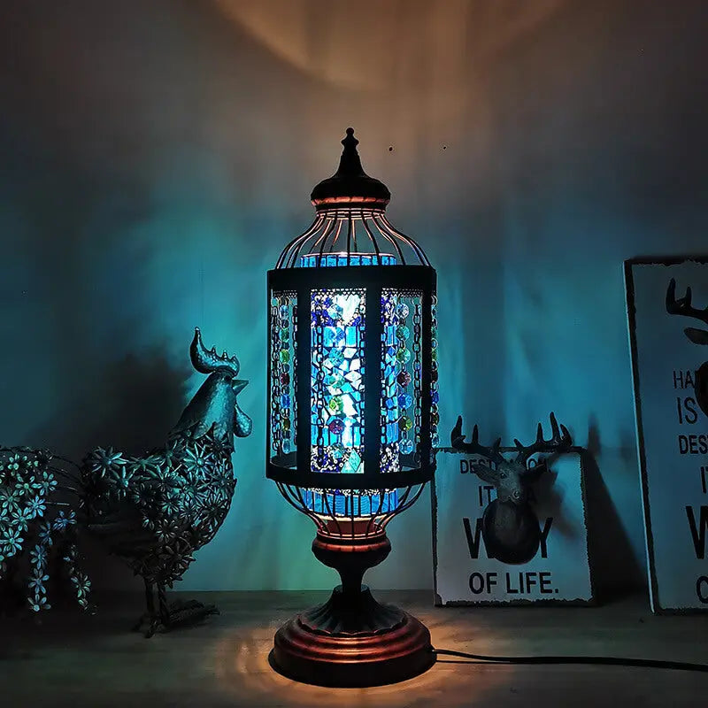 Vintage Turkish Stained Glass Lantern 1-Light Table Lamp Cuvalon
