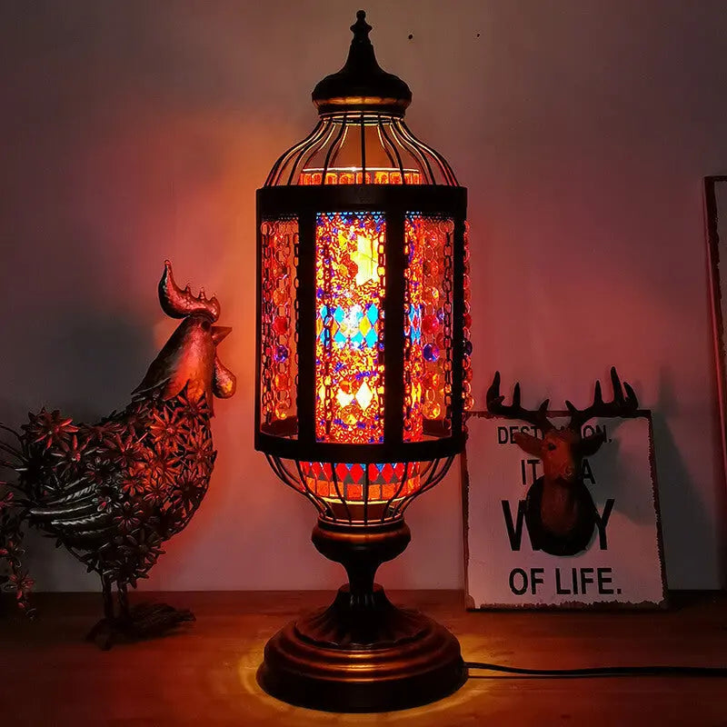 Vintage Turkish Stained Glass Lantern 1-Light Table Lamp Cuvalon