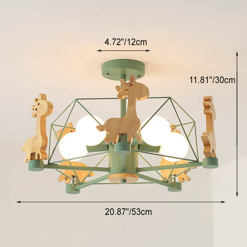 Scandinavian Modern Childlike Giraffe Diamond Pentagram Windmill Iron Wood Glass 4/5 Light Semi-Flush Mount Ceiling Light Cuvalon