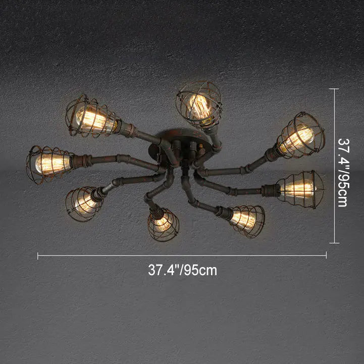 Industrial Vintage Water Pipe Round Iron 4/6/8 Light Flush Mount Ceiling Light Cuvalon