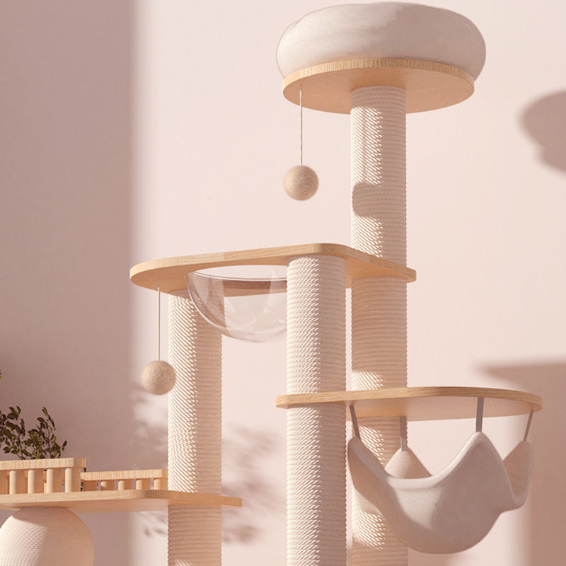Contemporary Scandinavian Rectangular Rubberwood Plywood Pine Wood Pillar Velvet Fabric Hemp Rope Acrylic Cat Tree 3-Condo 5-Perch For Bedroom Cuvalon
