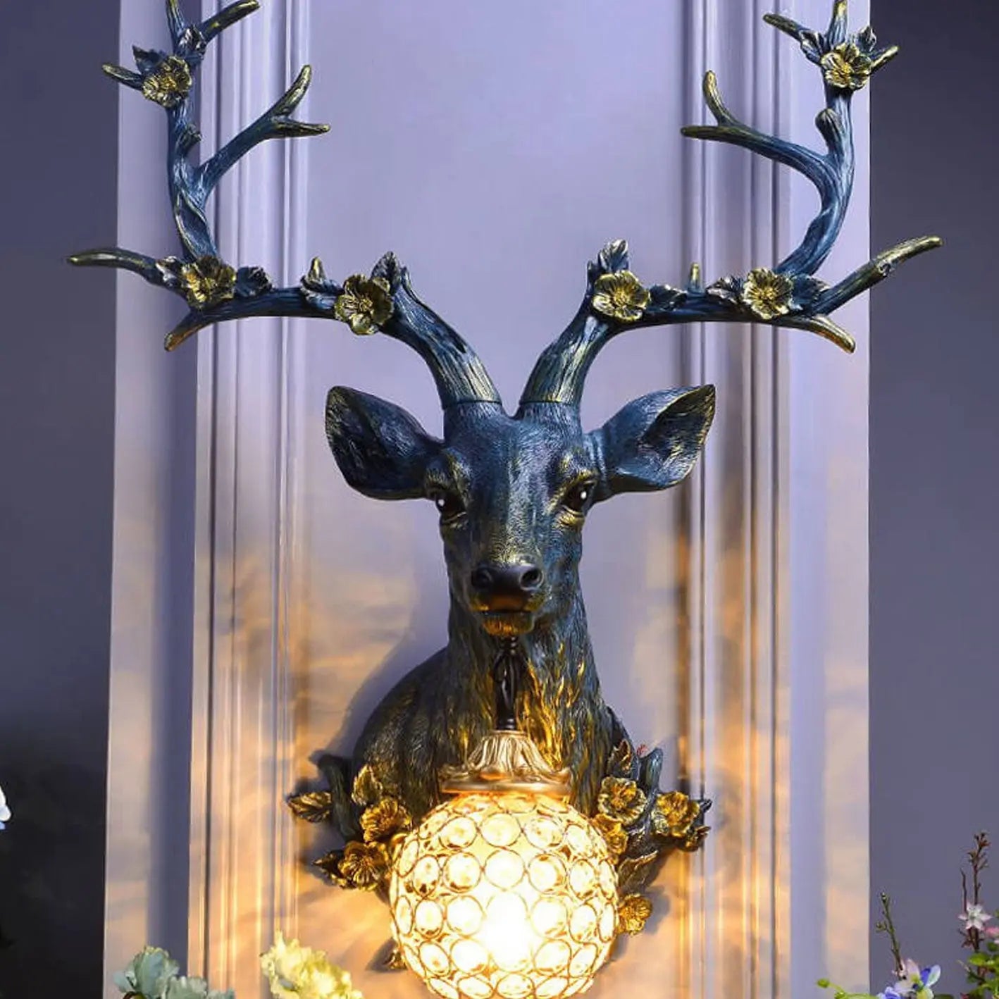Retro Creative Fortune Deer Head Resin 1-Light Wall Sconce Lamp Cuvalon